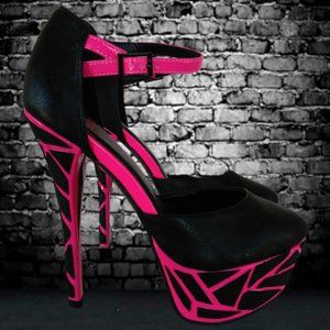 SHEIKH 6.5 HOT FUCHSIA NEON PINK & BLACK HEELS UV REACTIVE GLOW party holidays